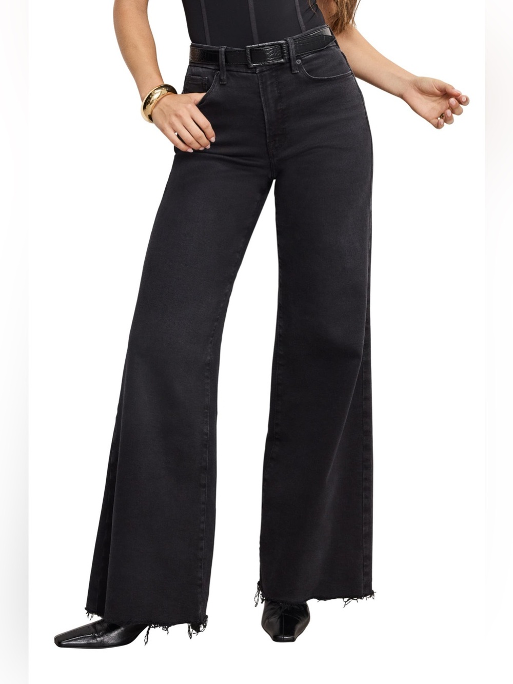 Good American Soft-Tech Good Waist Palazzo Wide Leg Jeans Size 25 Black